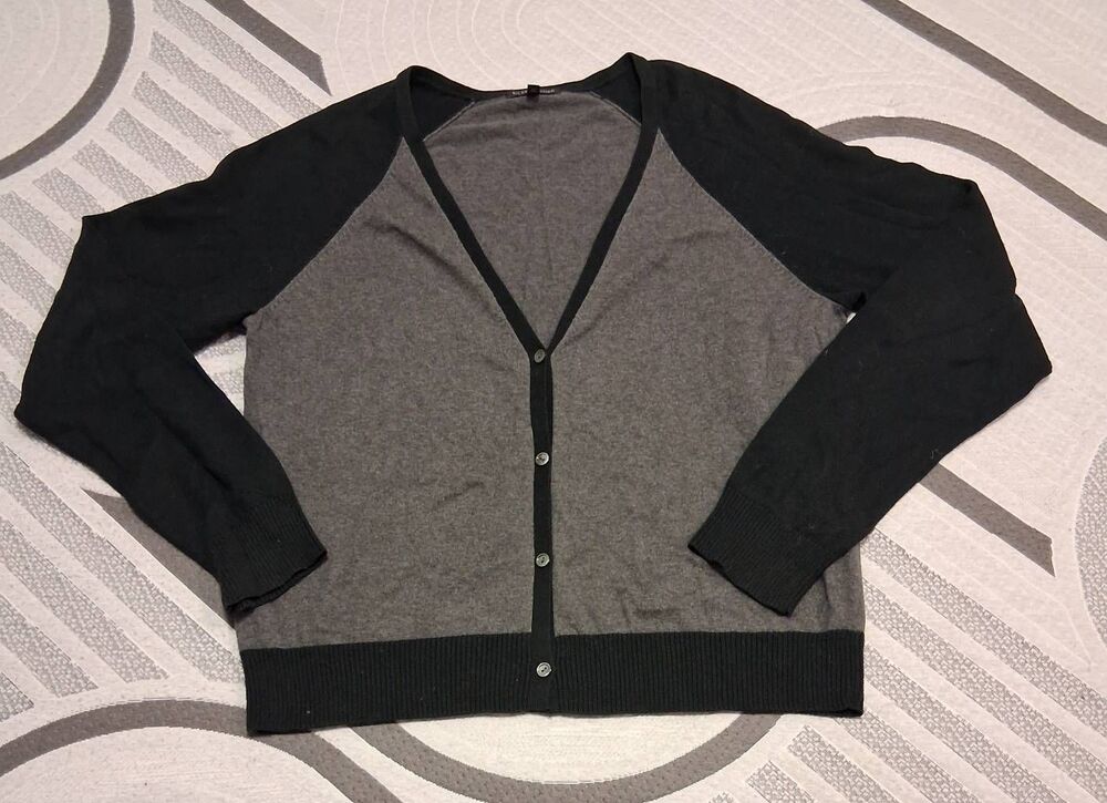 Eileen fisher womens large cardigan sweater black gray color block cotton